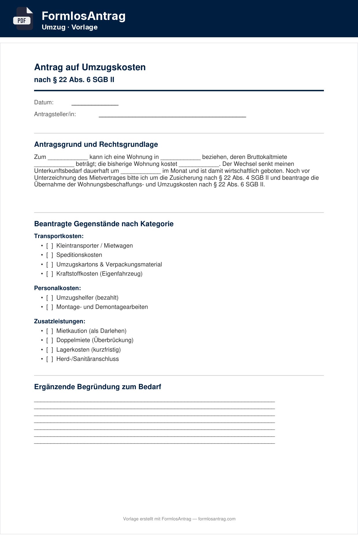 Erste Seite der Vorlage Antrag auf Umzugskosten — PDF & Word mit den Feldern zum Ausfüllen