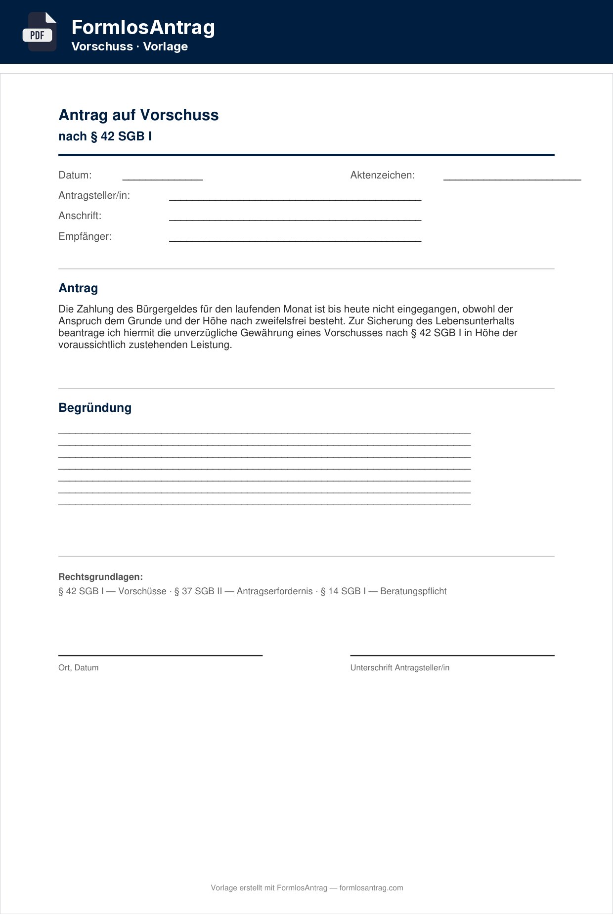 Erste Seite der Vorlage Antrag auf Vorschuss — PDF & Word mit den Feldern zum Ausfüllen
