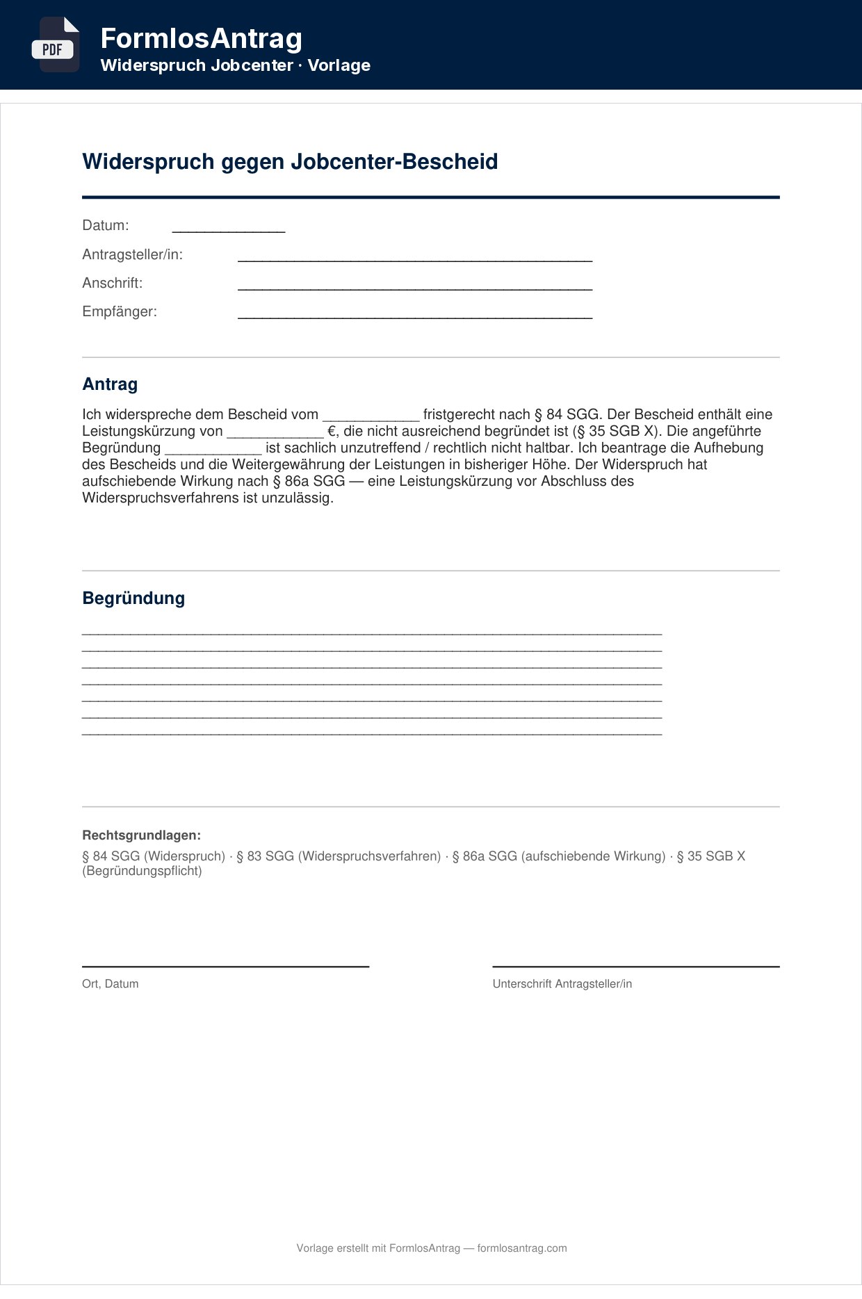 Erste Seite der Vorlage Widerspruch gegen Jobcenter-Bescheid — PDF & Word mit den Feldern zum Ausfüllen