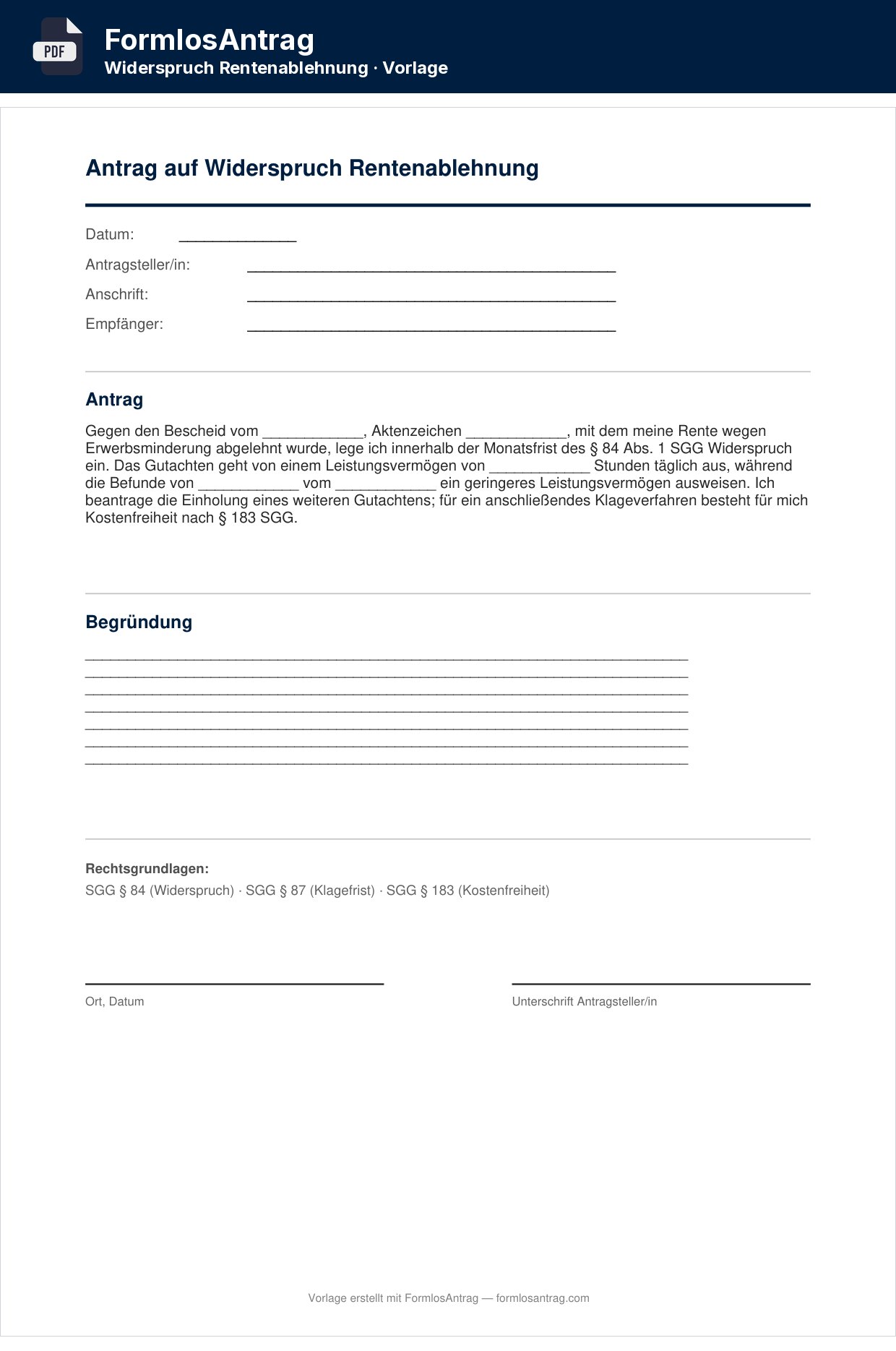 Erste Seite der Vorlage Antrag auf Widerspruch Rentenablehnung mit den Feldern zum Ausfüllen