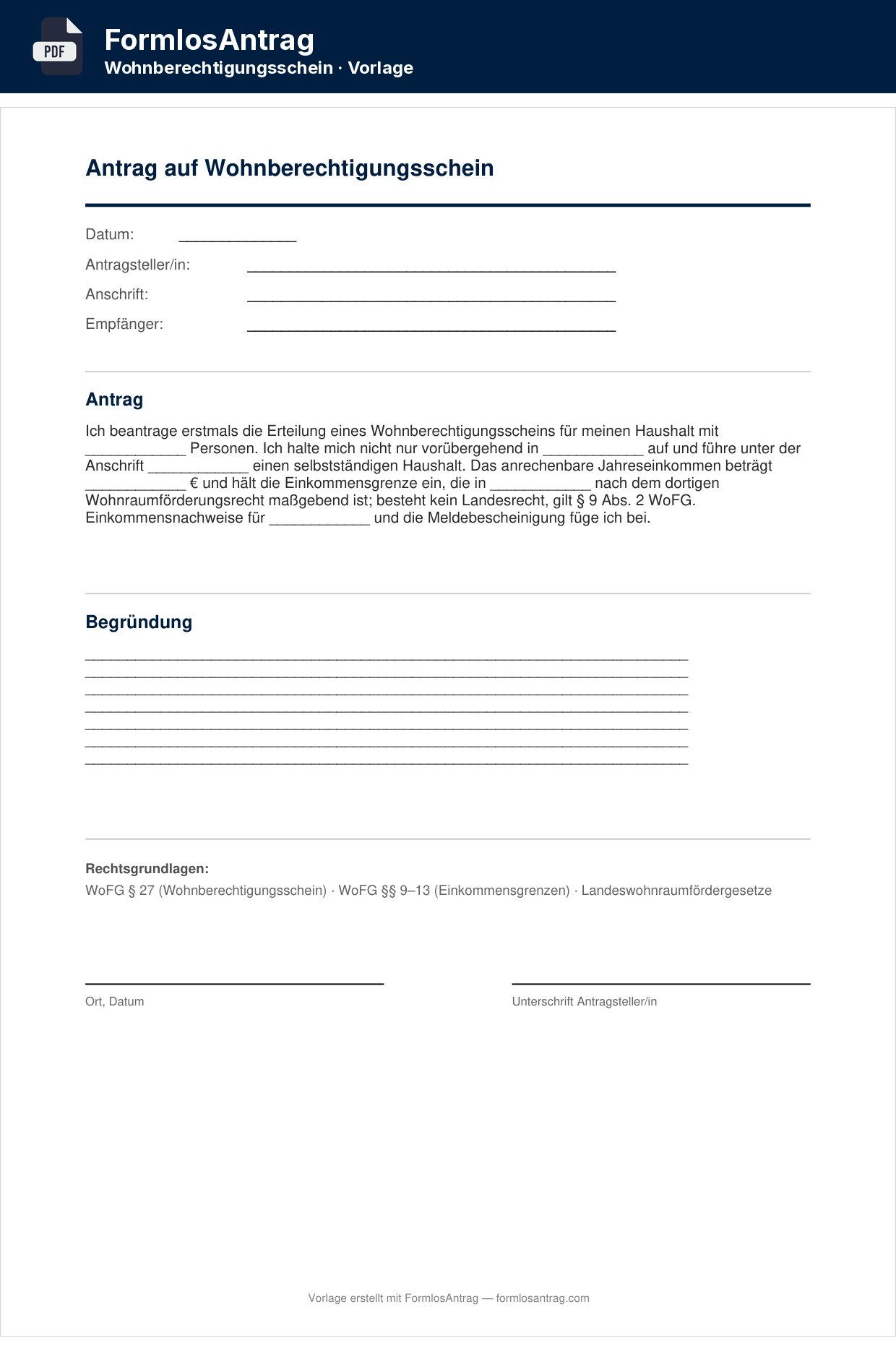 Erste Seite der Vorlage Antrag auf Wohnberechtigungsschein mit den Feldern zum Ausfüllen