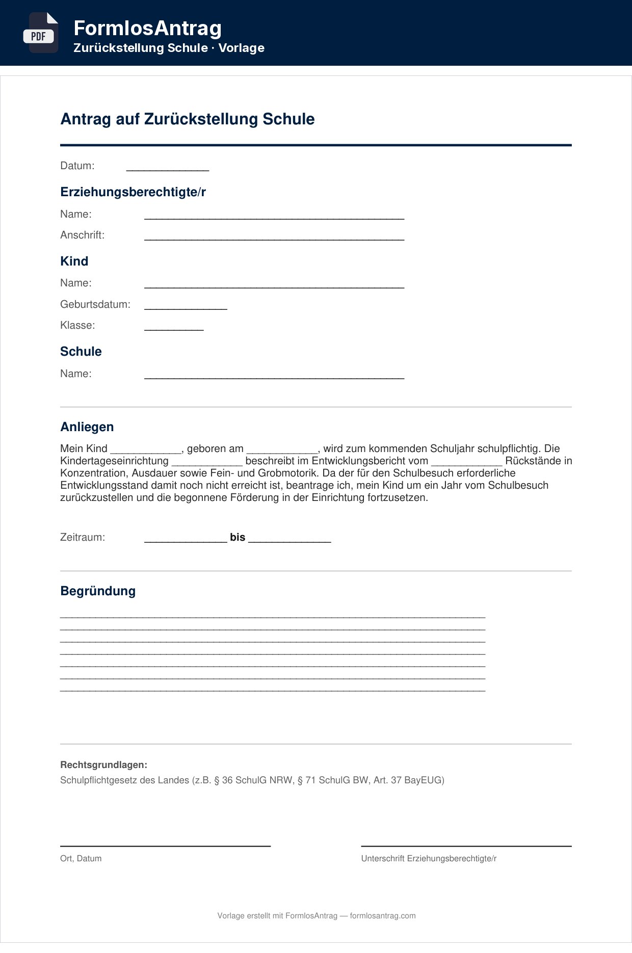 Erste Seite der Vorlage Antrag auf Zurückstellung Schule mit den Feldern zum Ausfüllen