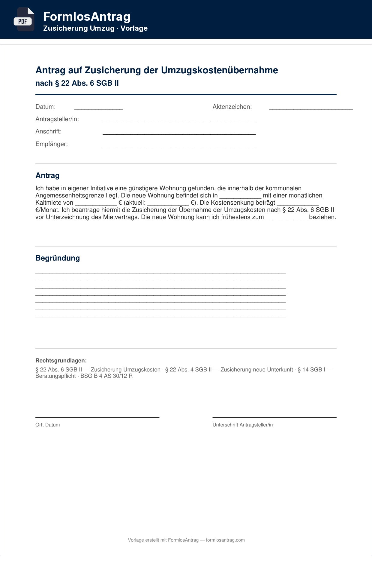 Erste Seite der Vorlage Antrag auf Zusicherung der Umzugskostenübernahme — PDF & Word mit den Feldern zum Ausfüllen